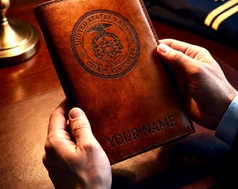 Personalized Leather USN Chaplain Corps Book Cover, Military Gift