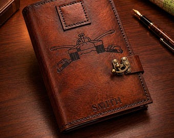 US Army Armor Insignia Leather Book Cover, Personalized Military Journal