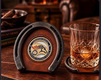 Military Challenge Coin Display Coaster | Leather Horseshoe Coaster | Veteran Gift | Military Retirement Gift | Coin Holder