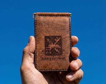 Personalized Full-Grain Leather Bifold Wallet with Money Clip | Custom Army Insignia, 8 Pockets