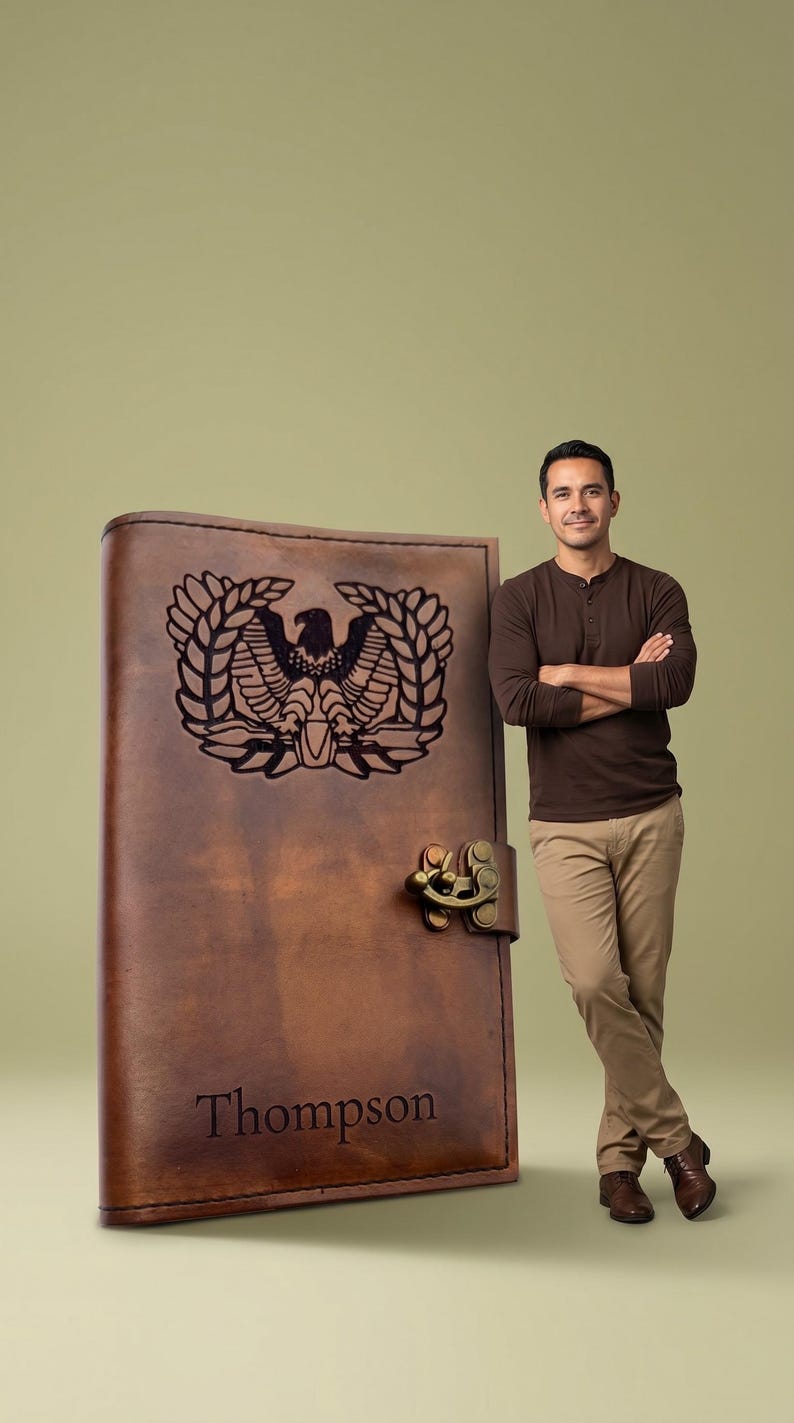 Personalized Rising Eagle Leather Book Cover, Military Journal Gift Warrant Officer image 12