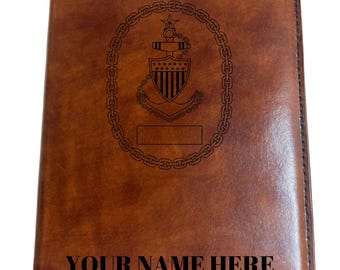 USCG CHIEF Leather Book Cover – Personalized Military Journal, Identification Command Chief Badges