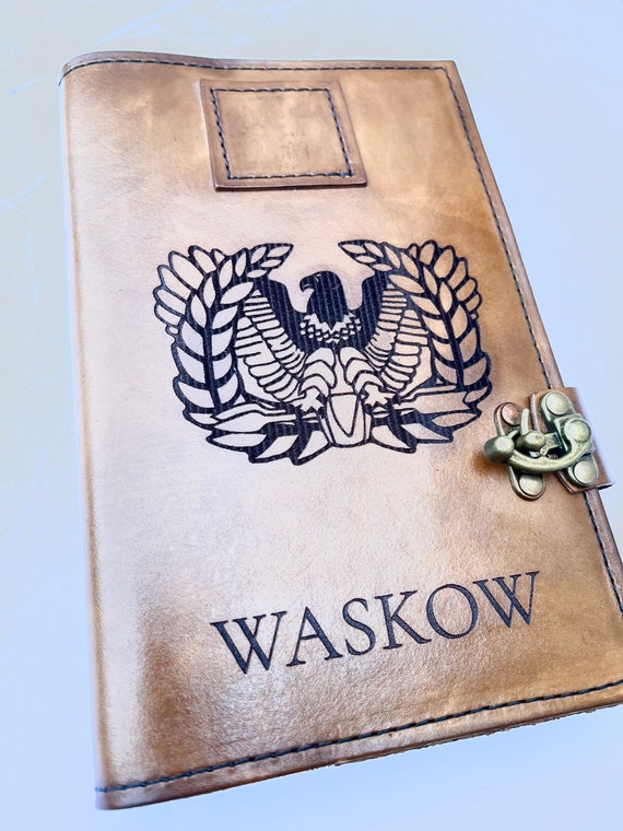 Personalized Rising Eagle Leather Book Cover, Military Journal Gift Warrant Officer