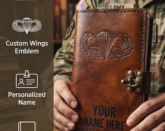 Personalized Leather Military Notebook Cover, Parachutist Wings, Handmade
