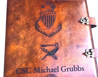 Personalized Leather USCG Chief Charge Book, 3 Ring Binder, Large Anchor, USCG Rate and Name