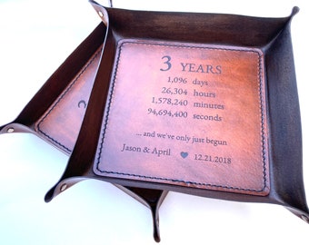 Custom XL Leather Tray, 3 years, third anniversary, leather vallet, catch all, leather bowl,, night stand leather tray, personalized