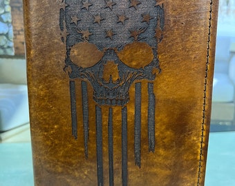 Handmade Leather Book Cover, Punisher Skull Flag Design