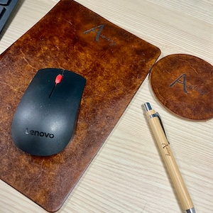 Custom leather mouse pad, celebrate 3 years, third anniversary, office accessories, personalized coaster and pen set, 3rd anniversary