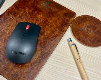 Personalized Leather Mouse Pad, Coaster & Pen Set, 3rd Anniversary Gift