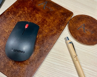 Custom leather mouse pad, celebrate 3 years, third anniversary, office accessories, personalized coaster and pen set, 3rd anniversary