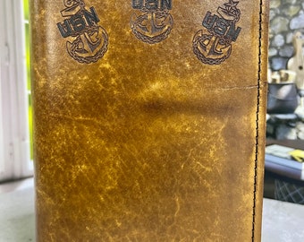 Custom Navy Chief's Mess, Leather Journal Cover, Chief Charge Book,  3 anchors,  Personalized, Military Promotion, Naval Chief Petty Officer