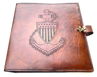 USCG Chief Charge Book with Large Anchor, CCTI, Petty Officer, binder, personalized, leather 3 ring book cover, calendar, binder, organizer