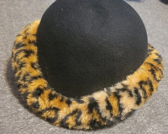 Ladies Black Bowler Hat w. Cheetah Faux Fur by DEBORAH New York Church Derby