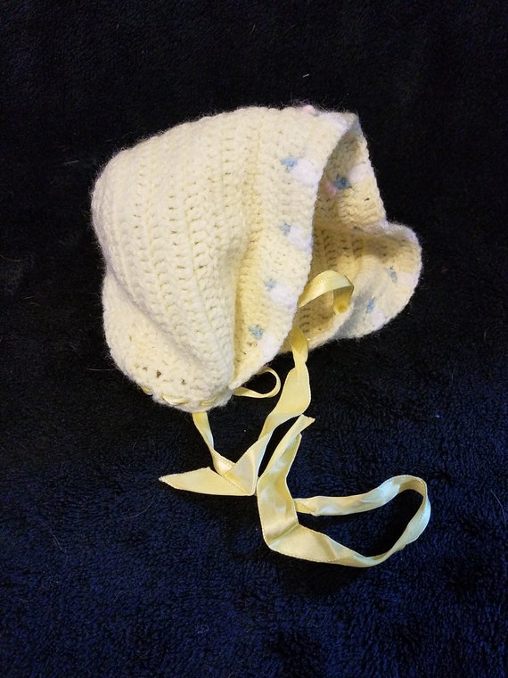 Handmade Pastel Yellow Crocheted Baby Bonnet with 