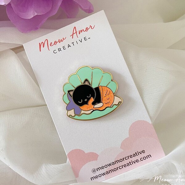 Sleeping Mermaid Black Cat Shell Hard Enamel Pins Gold Metal