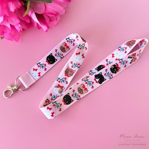 Romantic Cats Floral Pink Lanyard