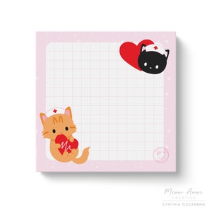 May include: Pink notepad with a grid pattern and a white border. The notepad features two cartoon cats wearing nurse hats. One cat is orange and holding a red heart with a heartbeat symbol. The other cat is black and is behind a red heart. The notepad has a pink background with white stars.