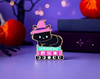 Witchy Cat Enamel Pin: Bookish Glitter Design