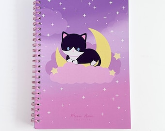 Dreamy Moon Tuxedo Cat Dotted Pages Spiral Notebook