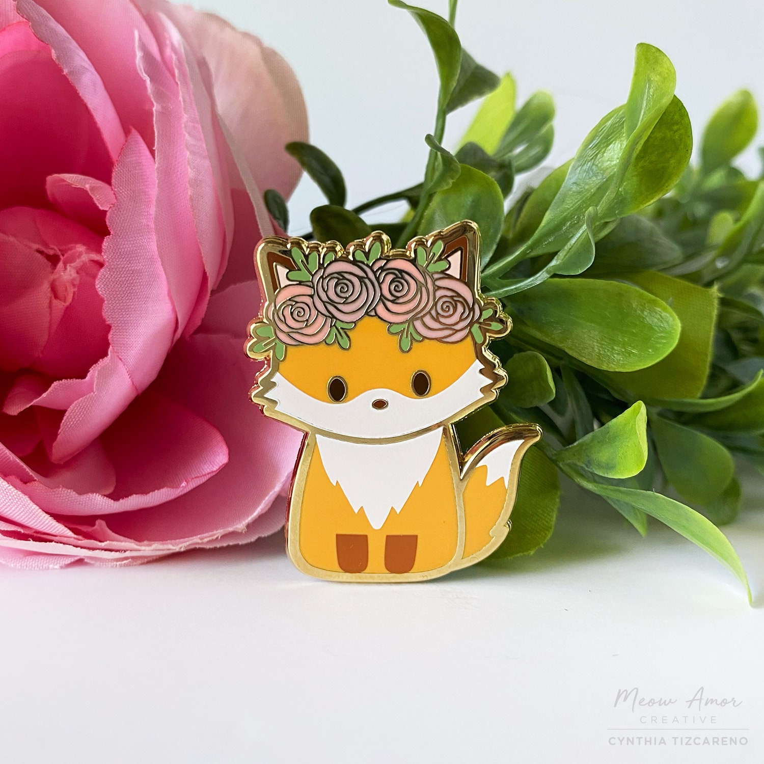 Rose Flower Crown Fox Enamel Pin - Cute Fox Pin With Floral Crown ...
