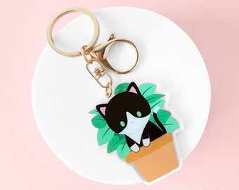 Plant Tuxedo Cat Acrylic Charm