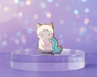 Aquarius Zodiac Cat Glitter Enamel Pin - Gold Metal