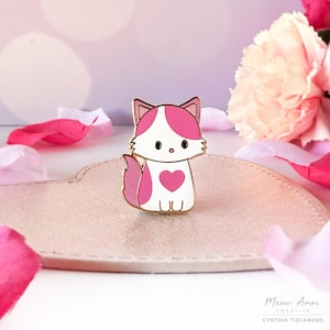 Strawberry Kiss Cat Enamel Pin: Pink & White Heart Cat