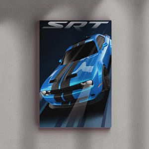 May include: A blue SRT car illustration with black racing stripes. The image features a glossy finish and the SRT logo at the top. The car is depicted at a dynamic angle, suggesting speed and motion, against a dark blue background.