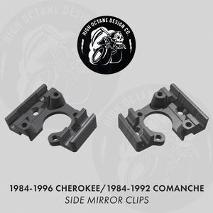 May include: Two dark gray side mirror clips for 1984-1996 Cherokee and 1984-1992 Comanche vehicles. The image includes a logo with a skull riding a motorcycle. Text on the image reads "HIGH OCTANE DESIGN CO."
