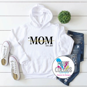 Custom Mom Hoodie with kids names, Personalized Sweater, Valentines Day gift for mom, New mom gift, Custom Mothers Sweatshirt Pullover White (Black & Gold)