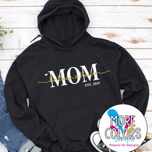 Custom Mom Hoodie with kids names, Personalized Sweater, Valentines Day gift for mom, New mom gift, Custom Mothers Sweatshirt Pullover Black (White & Gold)