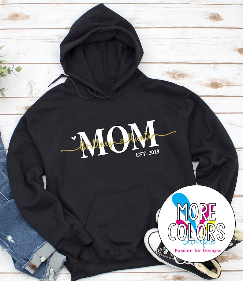 Custom Mom Hoodie with kids names, Personalized Sweater, Valentines Day gift for mom, New mom gift, Custom Mothers Sweatshirt Pullover Black (White & Gold)