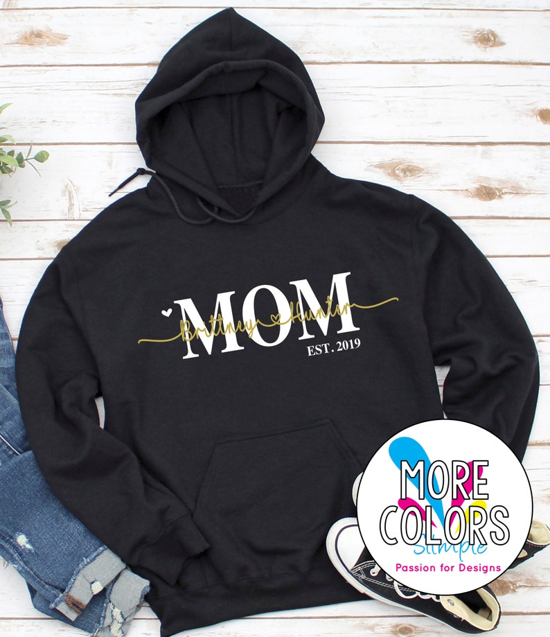 Custom Mom Hoodie with kids names, Personalized Sweater, Valentines Day gift for mom, New mom gift, Custom Mothers Sweatshirt Pullover Black (White & Gold)