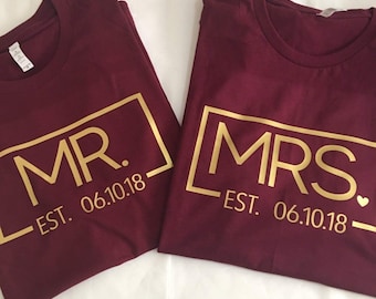 Mr. & Mrs. Custom Date Personalisiertes T-Shirt, passende Paare T-Shirts, Flitterwochen Hochzeitstag, Valentinstag Geschenk