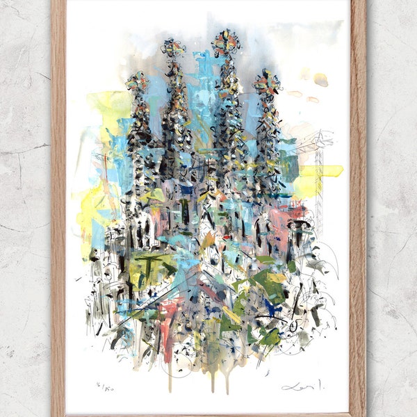 Sagrada Familia Free Style, Barcelona Painting. Illustration, Drawing, Fine Art Print, Barcelona print.