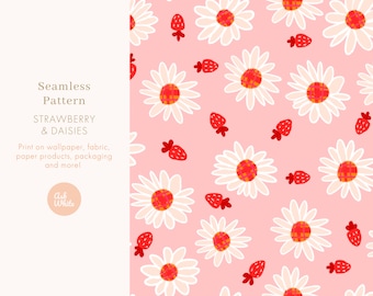 Seamless Repeating Pattern Illustration Strawberry + Daisies | Floral Art | Pastel Pretty | Cute | Printmaking | Surface Pattern | Fabric