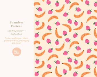 Seamless Repeating Pattern Illustration Strawberry Banana | Graphic Artwork | Bright Sunny | Printmaking | Surface Pattern | Fabric Maker