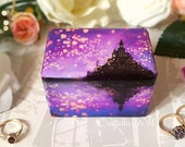 Tangled Wedding Inspired Double Ring Box / Rapunzel Wedding Ring Box Purple , Tangled Lanterns , Castle