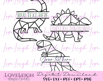 Geometric Dinosaurs Split Monogram SVG | Geo Dinosaur PNG | Cutting File Instant Download Hand-Drawn DXF