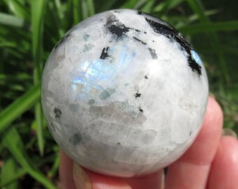 Rainbow Moonstone Sphere, Blue Flash Schiller, Crystal Orb, Ball, Display Crystal, White Moonstone