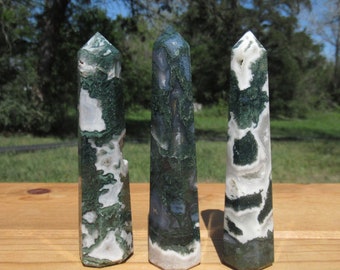 Moss Agate, Choose One Obelisk Tower, Natural Green Moss Agate, Sparkly Druzy