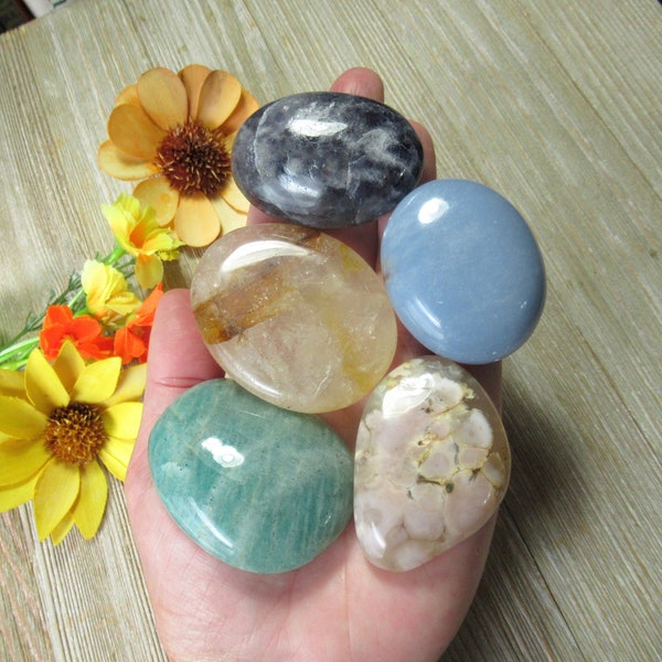 Mixed Palm Stones Bulk Set with Angelite, Amazonite, Iolite, Golden Healer Quartz and Flower Agate