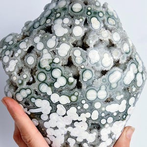 May include: A large, irregularly shaped, gray and white agate geode with a unique, bubbly pattern. The geode is filled with small, white, round formations.