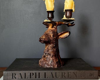 Vintage Cast Metal Stag Head Double Candlestick Holder with Hand-Dipped Candles | Heavy Sculptural Decor