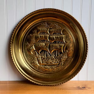 Vintage Brass Wall Plate with Embossed Ship | Made in England | Nautical Wall Decor
