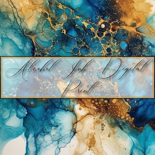 Digital Alcohol Ink Print - Blue - Gold - Ink Backgrounds - 1 Design - 12x12in - Commercial Use -Personal Use - Card Stock- Paper Print