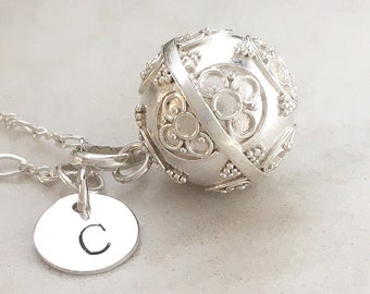 Angel caller necklace sterling silver with personalized charm, harmony ball chime bell necklace, baby shower pregnancy gift