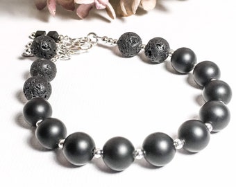 Matte onyx bracelet for women in sterling silver, elegant diffuser bracelet, black onyx bracelet, lava bead bracelet, boho onyx bracelet