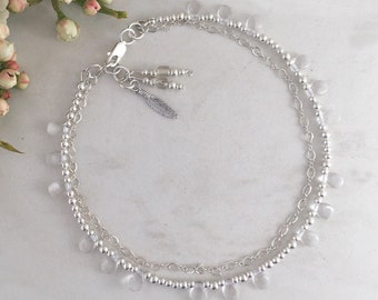 Tobillera de plata de ley, tobillera boho, tobillera de cuentas para mujer, pulsera de tobillo de talla grande, tobillera de capas, tobillera hecha a mano