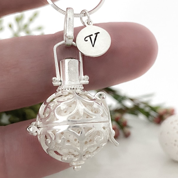 Harmony ball sterling silver locket style personalized necklace, essential oil diffuser necklace, angel caller mom to be pregnancy gift